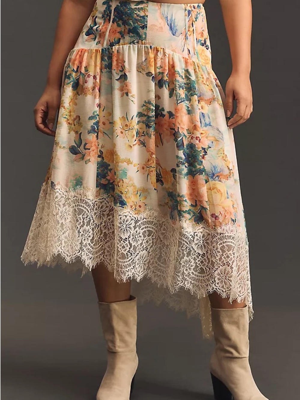 Anthropologie Floral Lace-Trim High-Low Skirt in Cream, Peach, Teal